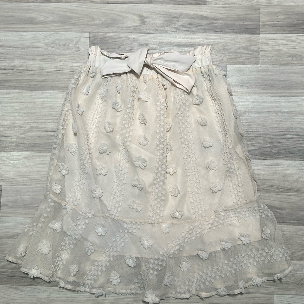 Amoli Textured Applique Shift Dress Size L Tie Shoulder Boho Cream Lined NC0251
